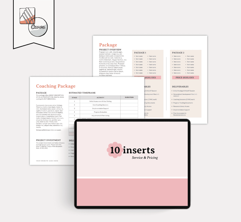 Digital mockup of coaching package templates with a tablet displaying '10 inserts' on a white background.