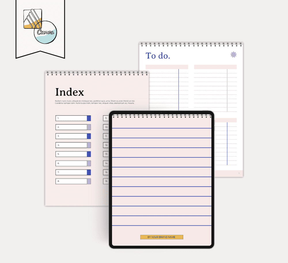 Set of spiral-bound planners with different pages displayed on a white background