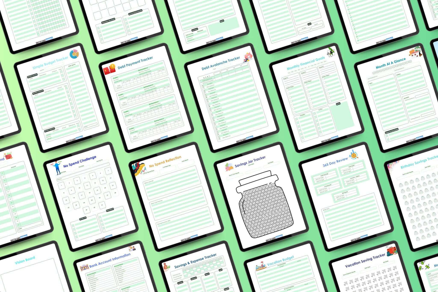 All - in - One financial Planner: Your Path to Financial Freedom FinancialInkstagram studioAll - in - One financial Planner: Your Path to Financial FreedomAll - in - One financial planner worksheets for budgeting and savings on a green background.Financial