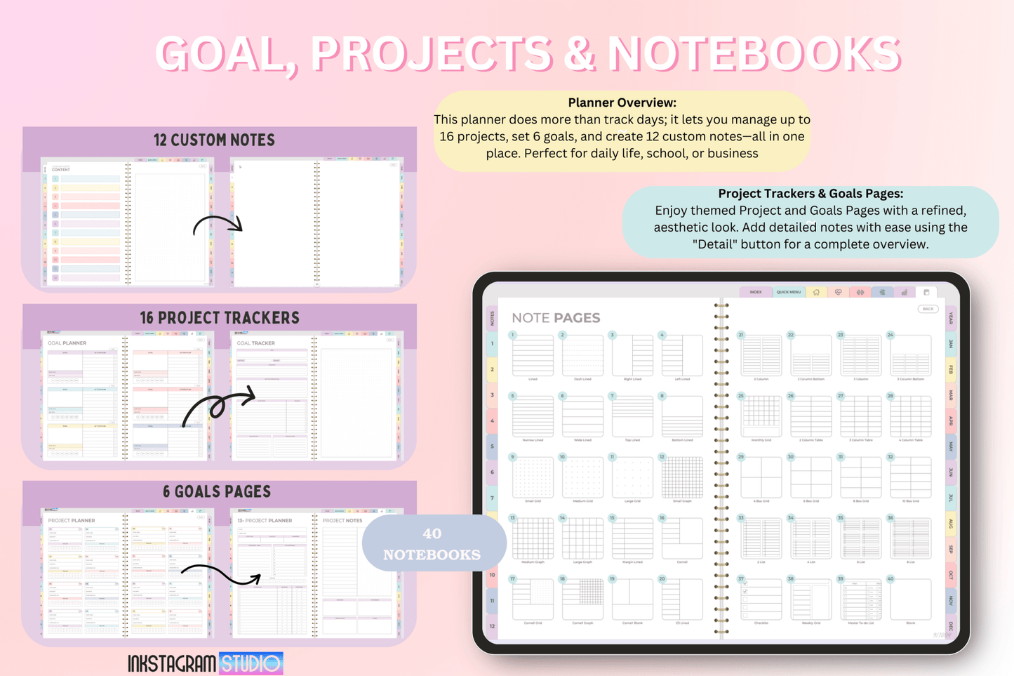 All - in - One Rainbow Digital Planner: Your Complete Solution for Productivity and Balance ; all in one PlannerInkstagram studioAll - in - One Rainbow Digital Planner: Your Complete Solution for Productivity and Balance ;All - in - One Rainbow digital planner showing custom notes, project trackers, and goals pages for productivity.all in one Planner