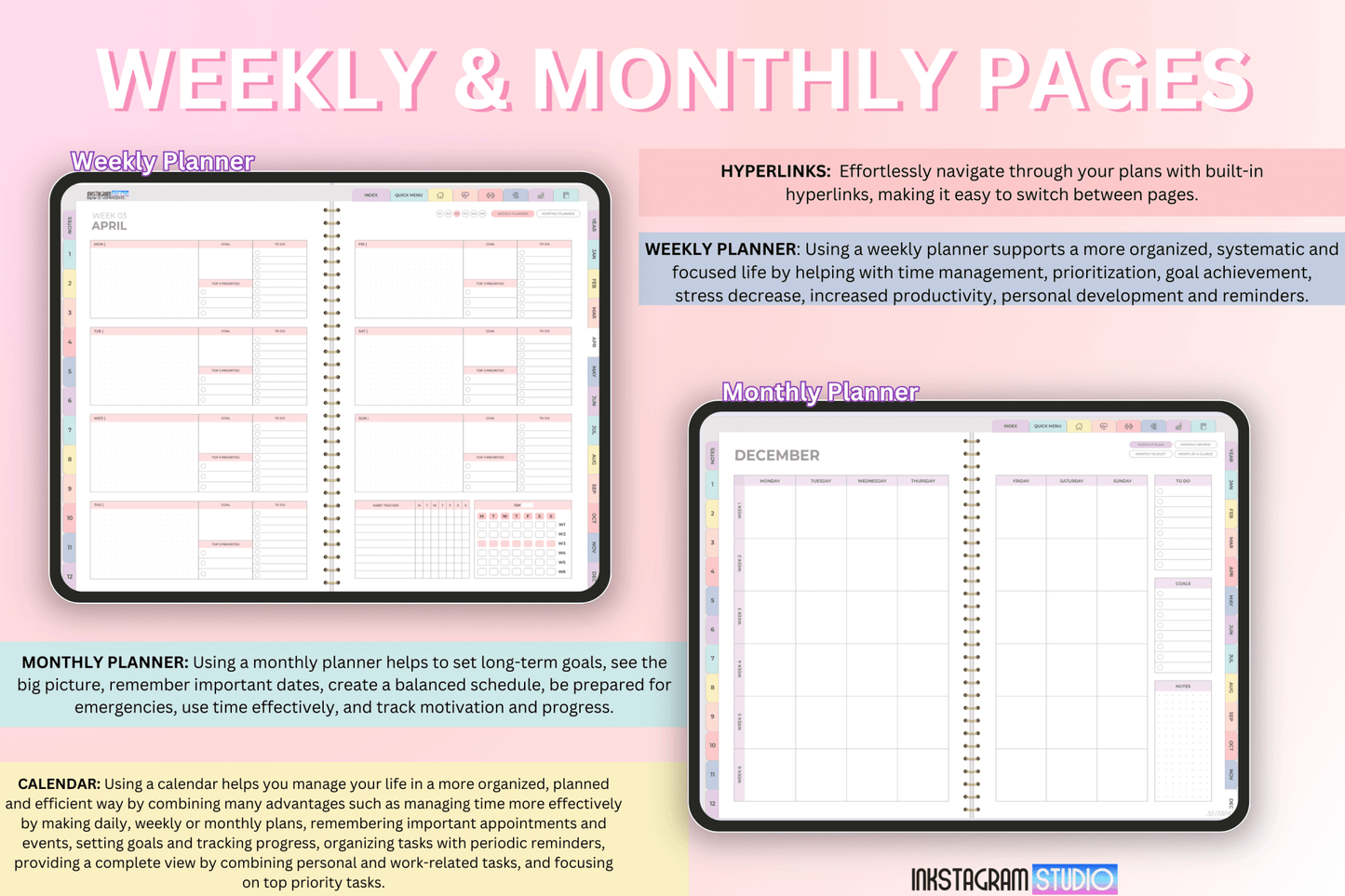 All - in - One Rainbow Digital Planner: Your Complete Solution for Productivity and Balance ; all in one PlannerInkstagram studioAll - in - One Rainbow Digital Planner: Your Complete Solution for Productivity and Balance ;All - in - One Rainbow Digital Planner weekly and monthly pages displayed on tablets.all in one Planner