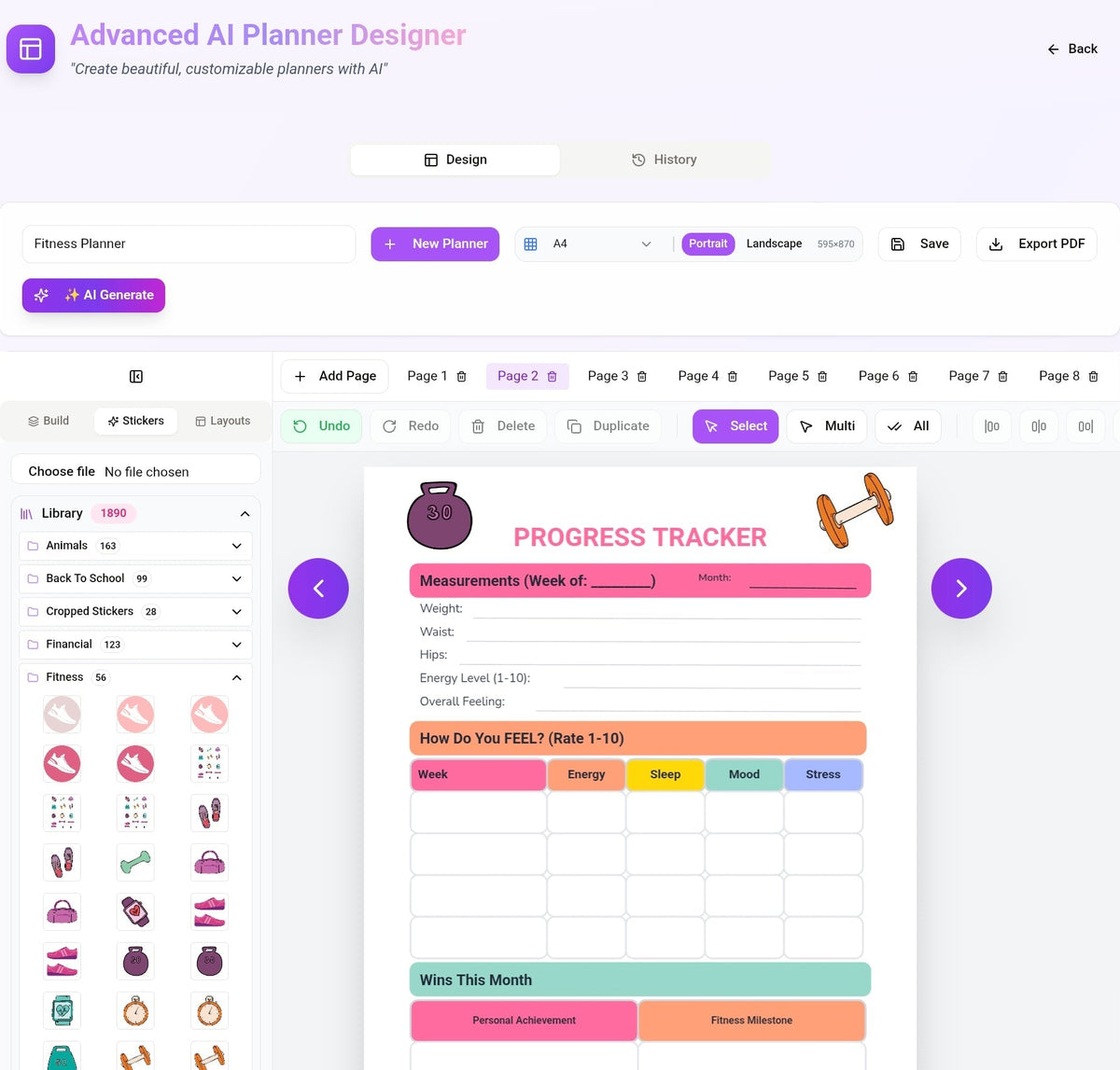 AI planner designer tool with a progress tracker widget on a white background