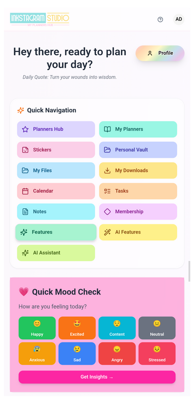 Planner app interface with colorful sections and quick navigation options.