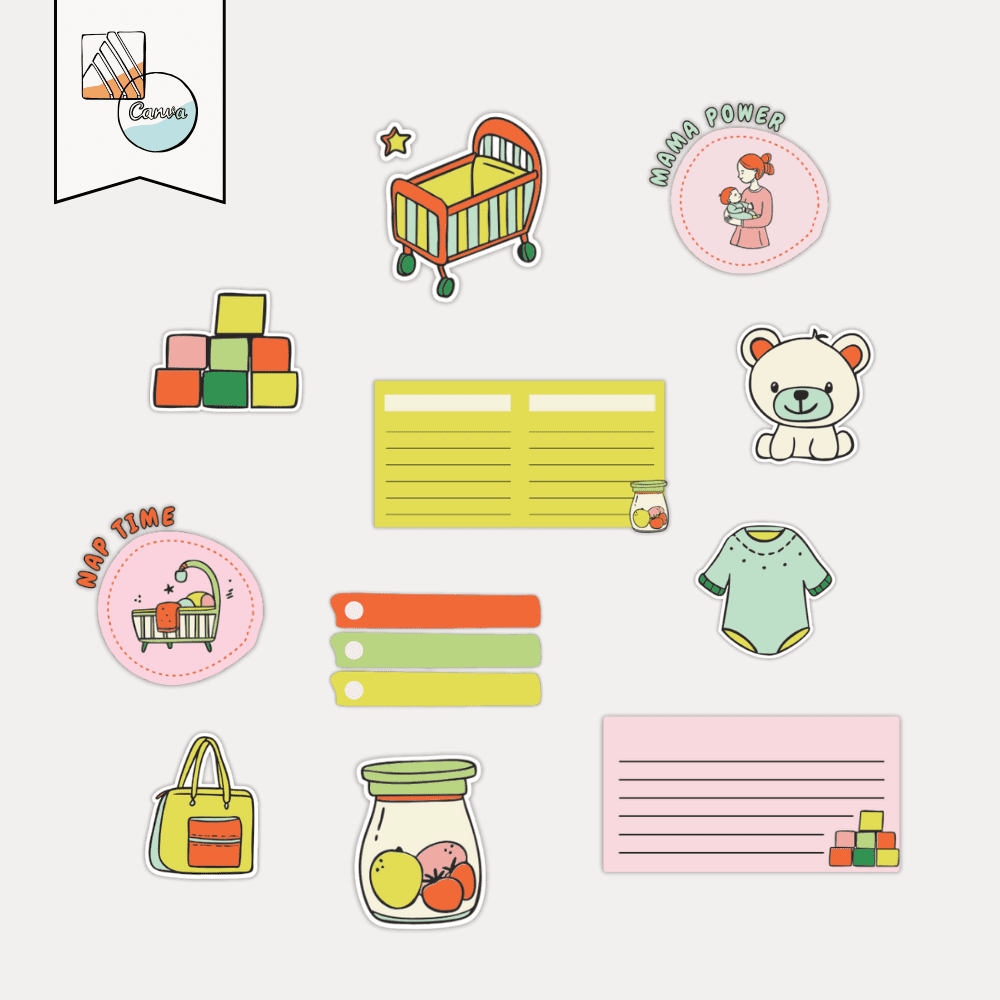 New Mum & Baby Digital Sticker Set: 12 Cute PNG Stickers for Planners & Journals