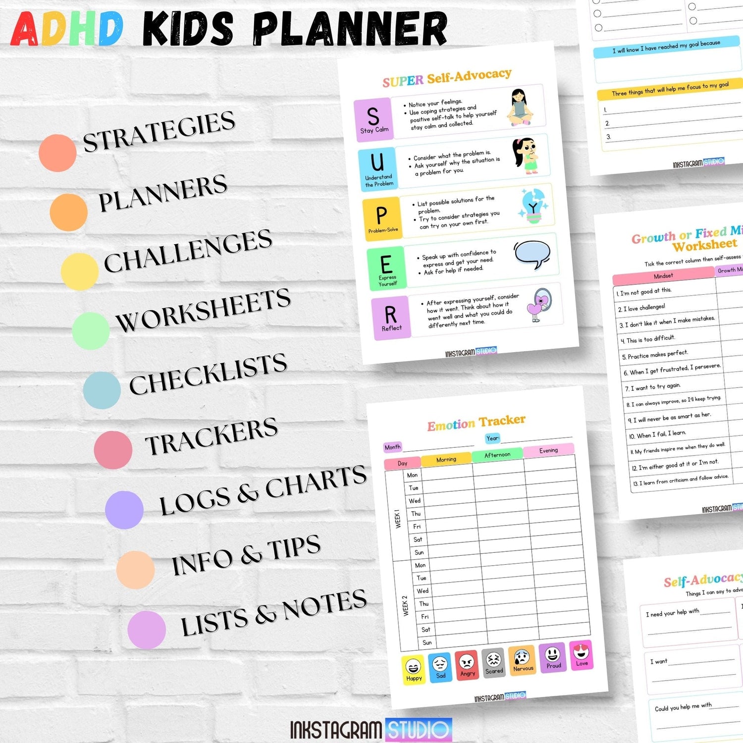 ADHD Kids Planner empowering routines for focused minds with strategies, worksheets, and emotion tracker.