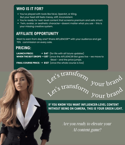 AIFLUENCER™: Cinematic, Scroll - Stopping Content—Without Showing Up Inkstagram StudioAIFLUENCER™: Cinematic, Scroll - Stopping Content—Without Showing UpAIFLUENCER™: Cinematic, Scroll - Stopping Content—Without Showing Up