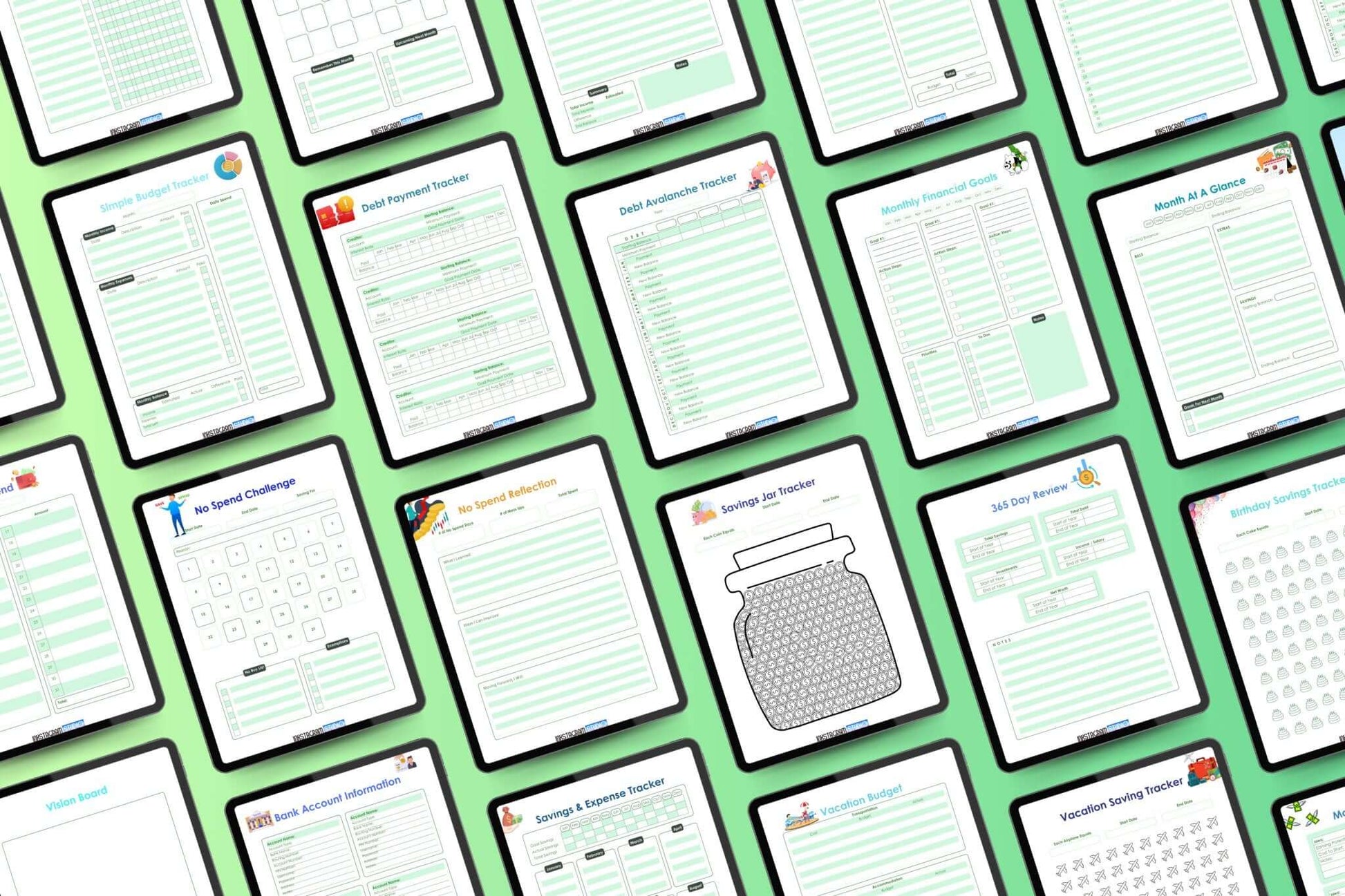All - in - One financial Planner: Your Path to Financial Freedom FinancialInkstagram studioAll - in - One financial Planner: Your Path to Financial FreedomAll - in - One financial planner worksheets for budgeting and savings on a green background.Financial