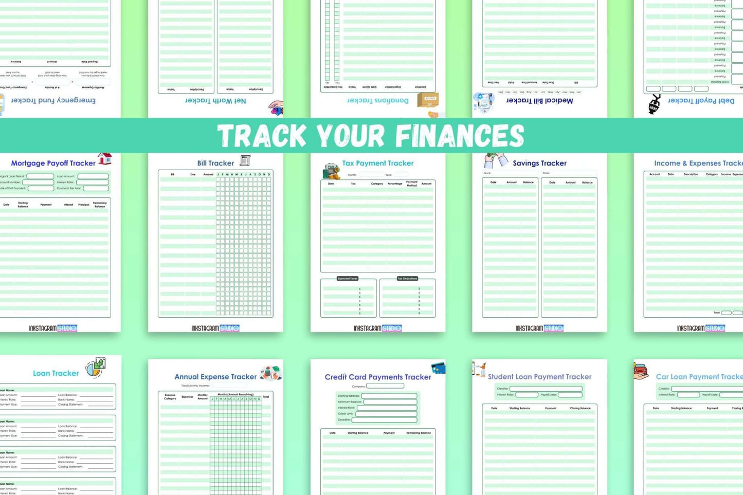 All - in - One financial Planner: Your Path to Financial Freedom FinancialInkstagram studioAll - in - One financial Planner: Your Path to Financial FreedomAll - in - One financial planner with various financial tracking sheets on a green background.Financial
