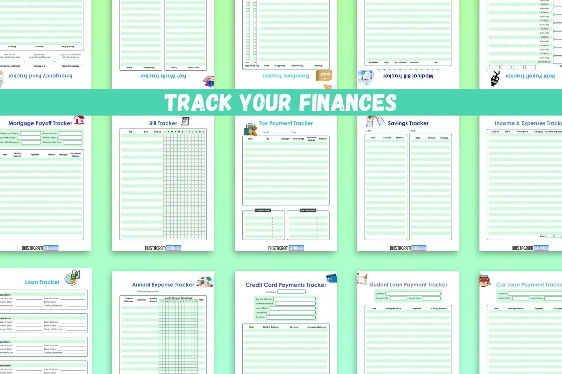 All - in - One financial Planner: Your Path to Financial Freedom FinancialInkstagram studioAll - in - One financial Planner: Your Path to Financial FreedomAll - in - One financial planner with various financial tracking sheets on a green background.Financial