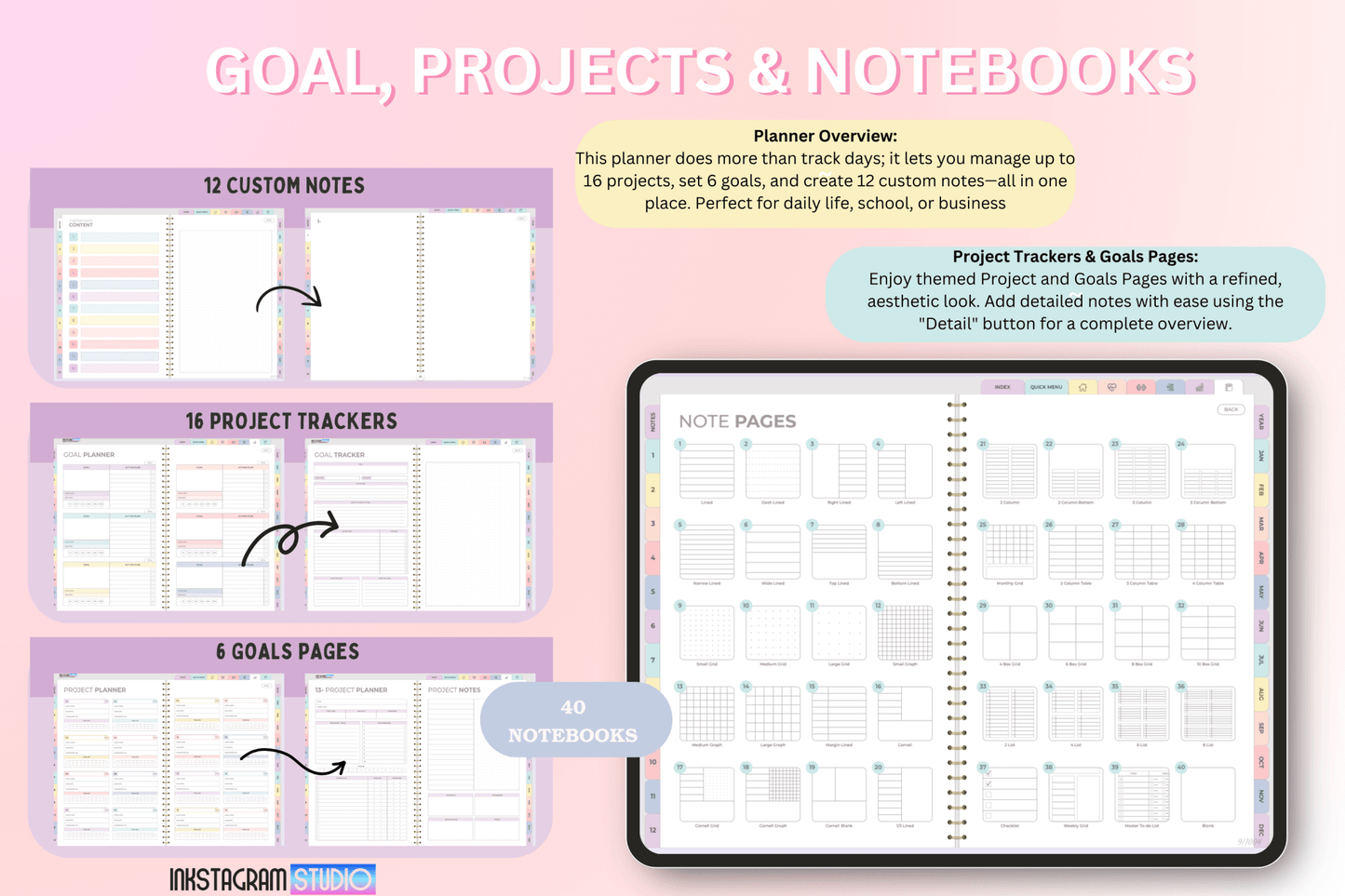 All - in - One Rainbow Digital Planner: Your Complete Solution for Productivity and Balance ; all in one PlannerInkstagram studioAll - in - One Rainbow Digital Planner: Your Complete Solution for Productivity and Balance ;All - in - One Rainbow digital planner showing custom notes, project trackers, and goals pages for productivity.all in one Planner
