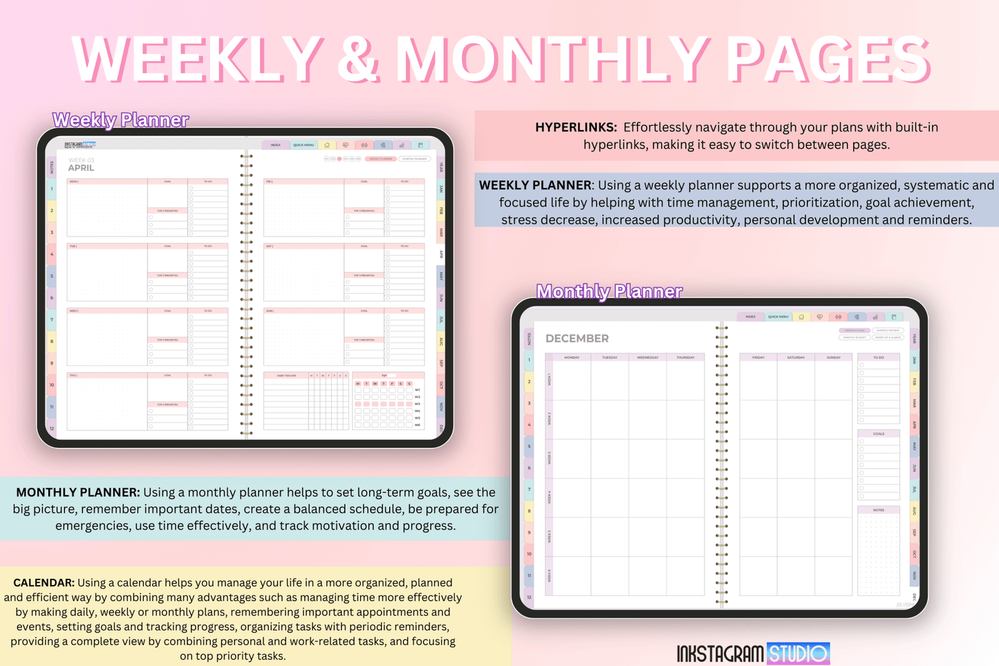 All - in - One Rainbow Digital Planner: Your Complete Solution for Productivity and Balance ; all in one PlannerInkstagram studioAll - in - One Rainbow Digital Planner: Your Complete Solution for Productivity and Balance ;All - in - One Rainbow Digital Planner weekly and monthly pages displayed on tablets.all in one Planner