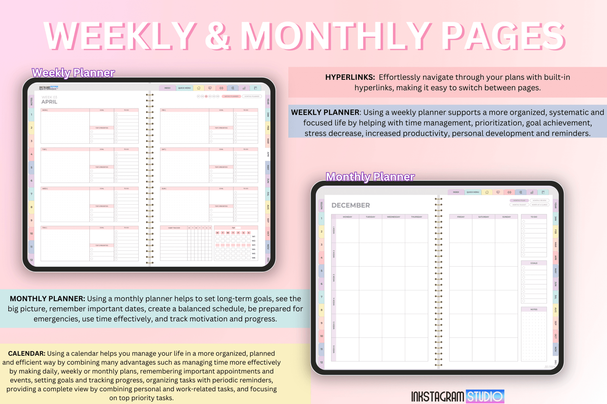 All - in - One Rainbow Digital Planner: Your Complete Solution for Productivity and Balance ; all in one PlannerInkstagram studioAll - in - One Rainbow Digital Planner: Your Complete Solution for Productivity and Balance ;All - in - One Rainbow Digital Planner weekly and monthly pages displayed on tablets.all in one Planner