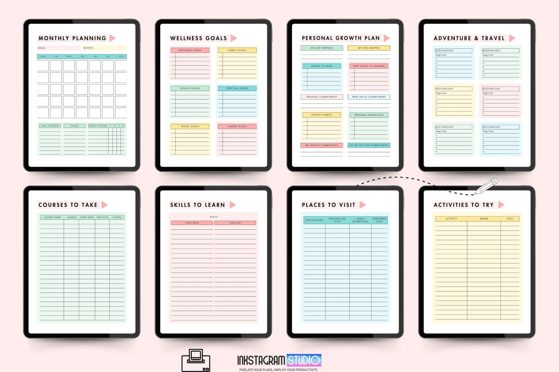 Annual Goal Achievement Planner: Your Guide to Success in a Physical Planner Goal setting plannerInkstagram studioAnnual Goal Achievement Planner: Your Guide to Success in a Physical PlannerAnnual goal achievement planner with sections for monthly planning, wellness goals, personal growth, travel, courses, skills, and activities.Goal setting planner