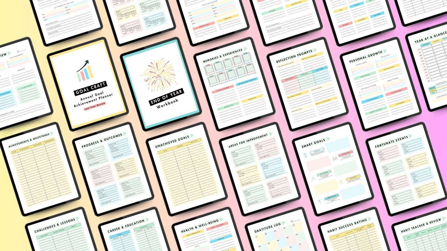 Annual Goal Achievement Planner: Your Guide to Success in a Physical Planner Goal setting plannerInkstagram studioAnnual Goal Achievement Planner: Your Guide to Success in a Physical PlannerAnnual Goal Achievement Planner with various goal - setting and reflection pages on a colorful background.Goal setting planner