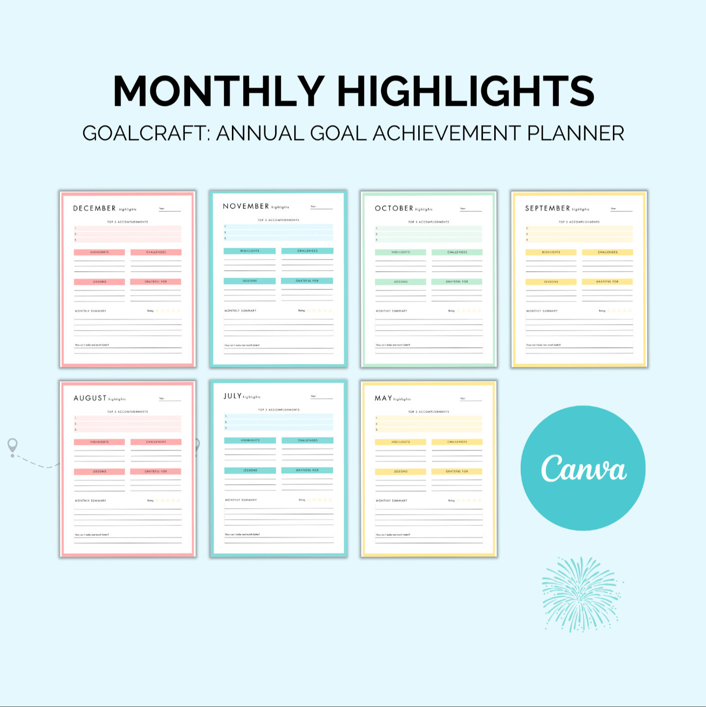 Annual Goal Achievement Planner: Your Roadmap to Success Goal setting plannerInkstagram StudioAnnual Goal Achievement Planner: Your Roadmap to SuccessAnnual goal achievement planner with monthly highlights on a light blue background, featuring the Canva logo.Goal setting planner