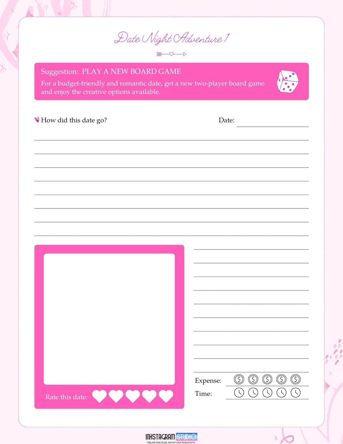 Date Night Adventures Booklet: Fun Ideas for Memorable Moments Adventures BookletInkstagram studioDate Night Adventures Booklet: Fun Ideas for Memorable MomentsDate Night Adventures booklet page with a suggested board game date idea.Adventures Booklet