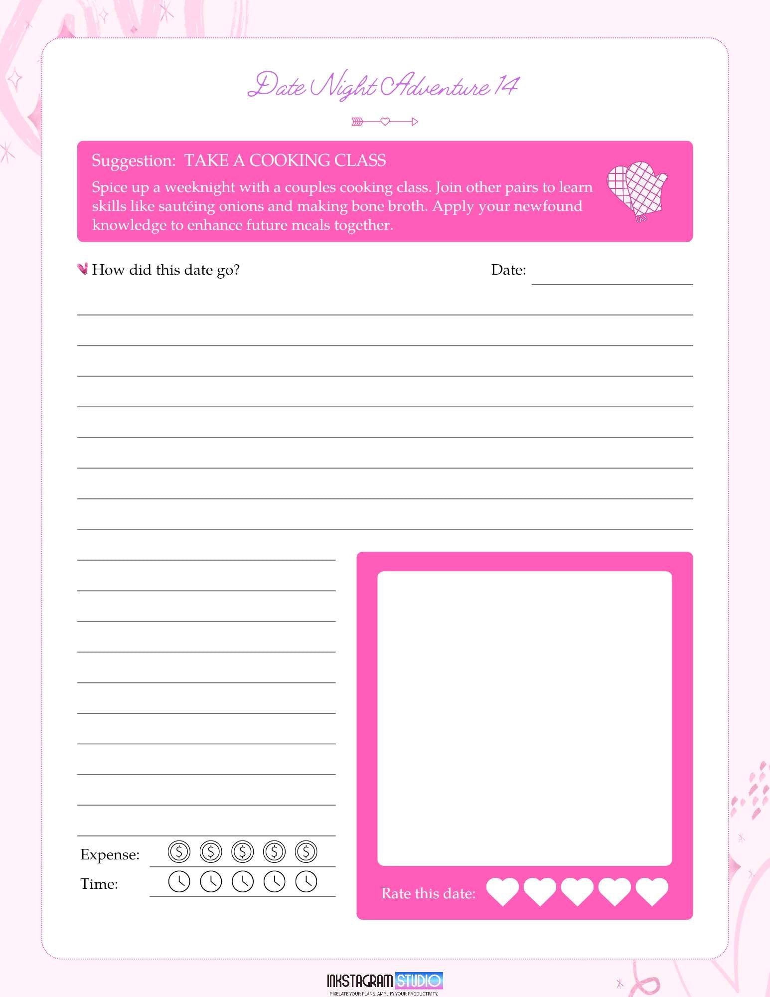 Date Night Adventures Booklet: Fun Ideas for Memorable Moments Adventures BookletInkstagram studioDate Night Adventures Booklet: Fun Ideas for Memorable MomentsDate Night Adventures Booklet page with cooking class suggestion and rating section.Adventures Booklet