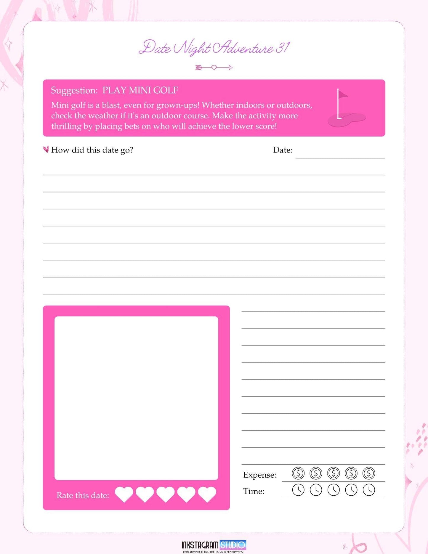 Date Night Adventures Booklet: Fun Ideas for Memorable Moments Adventures BookletInkstagram studioDate Night Adventures Booklet: Fun Ideas for Memorable MomentsDate Night Adventures Booklet page with mini golf date idea and rating section.Adventures Booklet