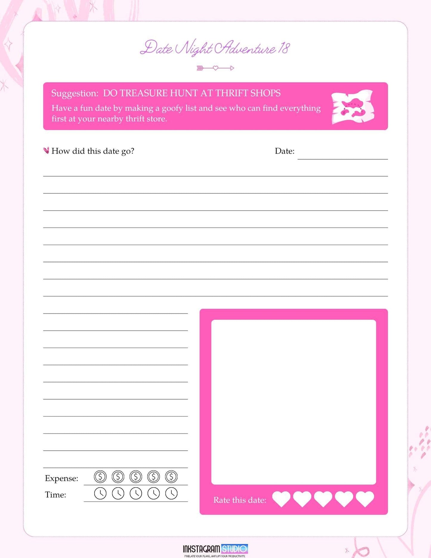Date Night Adventures Booklet: Fun Ideas for Memorable Moments Adventures BookletInkstagram studioDate Night Adventures Booklet: Fun Ideas for Memorable MomentsDate Night Adventures booklet page featuring a thrift shop treasure hunt idea and date feedback section.Adventures Booklet