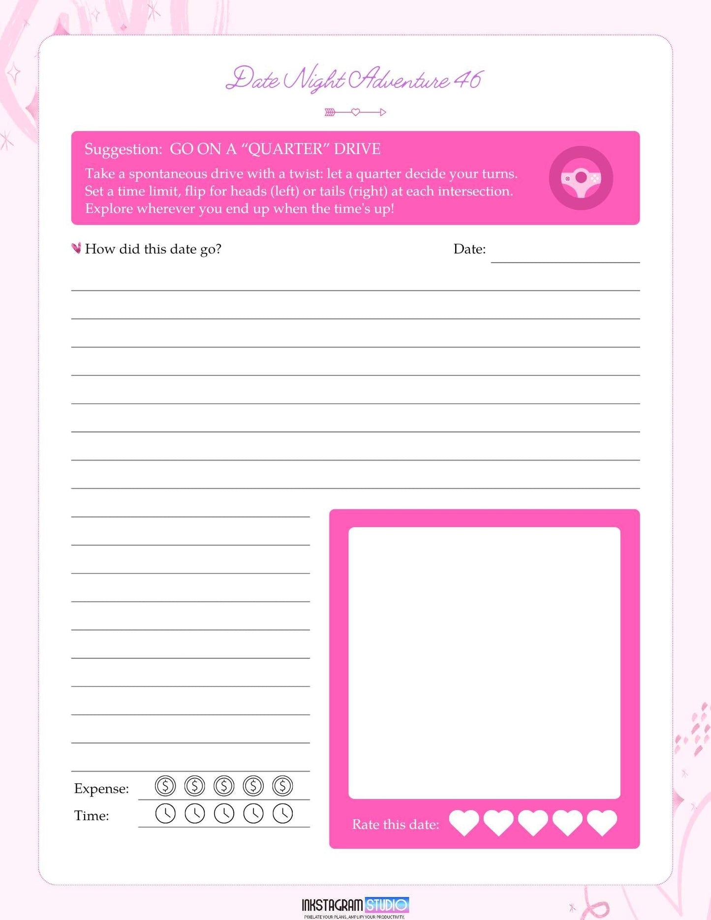 Date Night Adventures Booklet: Fun Ideas for Memorable Moments Adventures BookletInkstagram studioDate Night Adventures Booklet: Fun Ideas for Memorable MomentsDate Night Adventures booklet page with fun date idea and interactive sections.Adventures Booklet