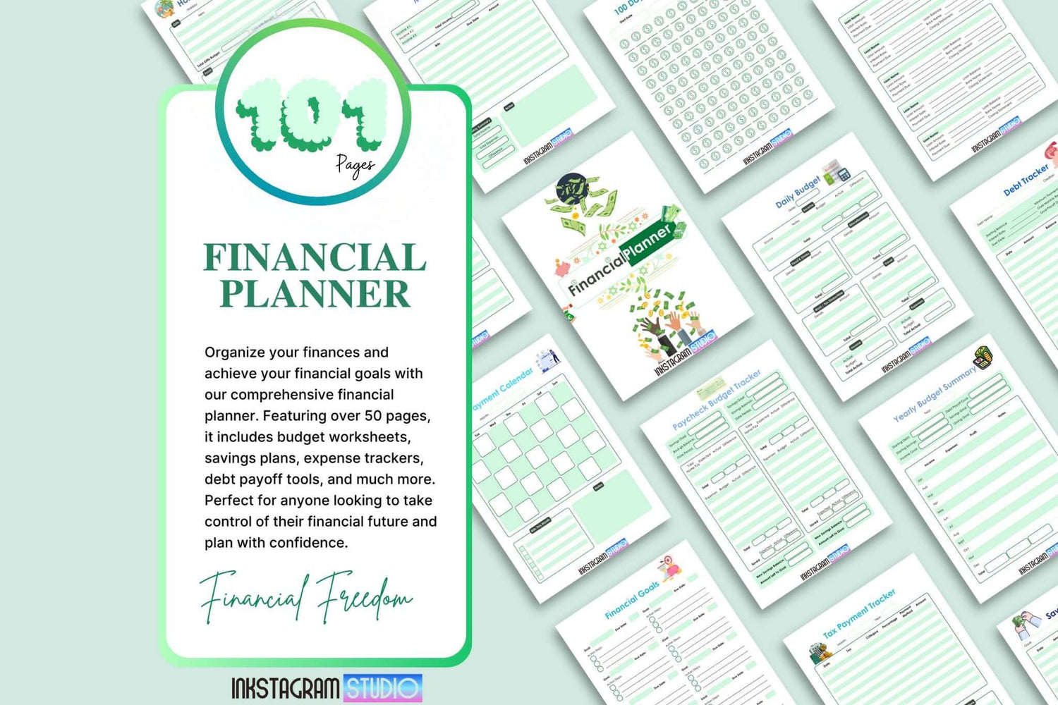 All-in-One financial planner for organizing and achieving financial goals, featuring budget worksheets, savings plans, and expense trackers.