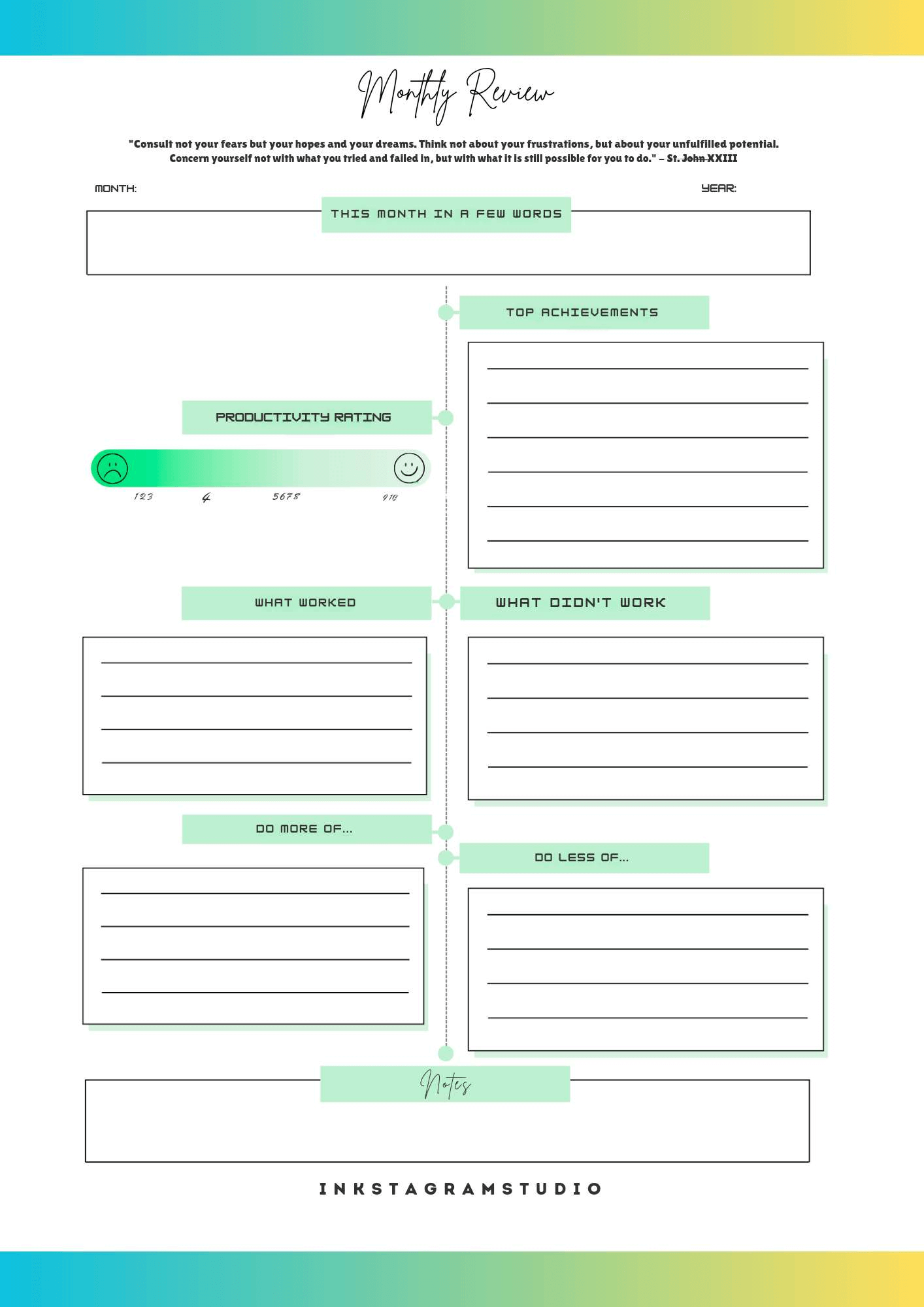 FREE Monthly Planner: Plan Your Month, Your Way PlannersInkstagram studioFREE Monthly Planner: Plan Your Month, Your WayMonthly planner review page for productivity tracking and goal reflection, designed by Inkstagram Studio.Planners