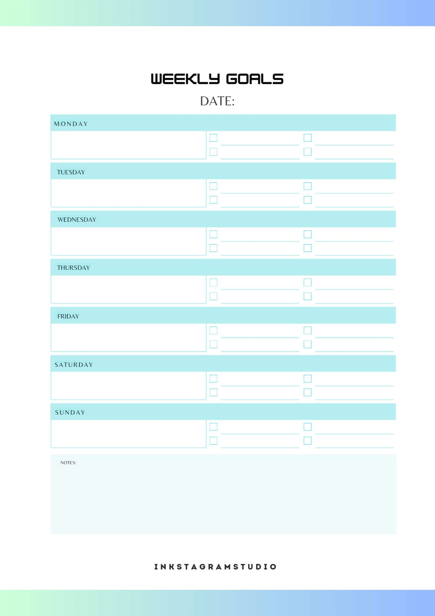 FREE Monthly Planner: Plan Your Month, Your Way PlannersInkstagram studioFREE Monthly Planner: Plan Your Month, Your WayBlue and white weekly goals planner template with sections for each day and notes.Planners