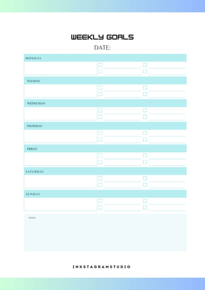 FREE Monthly Planner: Plan Your Month, Your Way PlannersInkstagram studioFREE Monthly Planner: Plan Your Month, Your WayBlue and white weekly goals planner template with sections for each day and notes.Planners