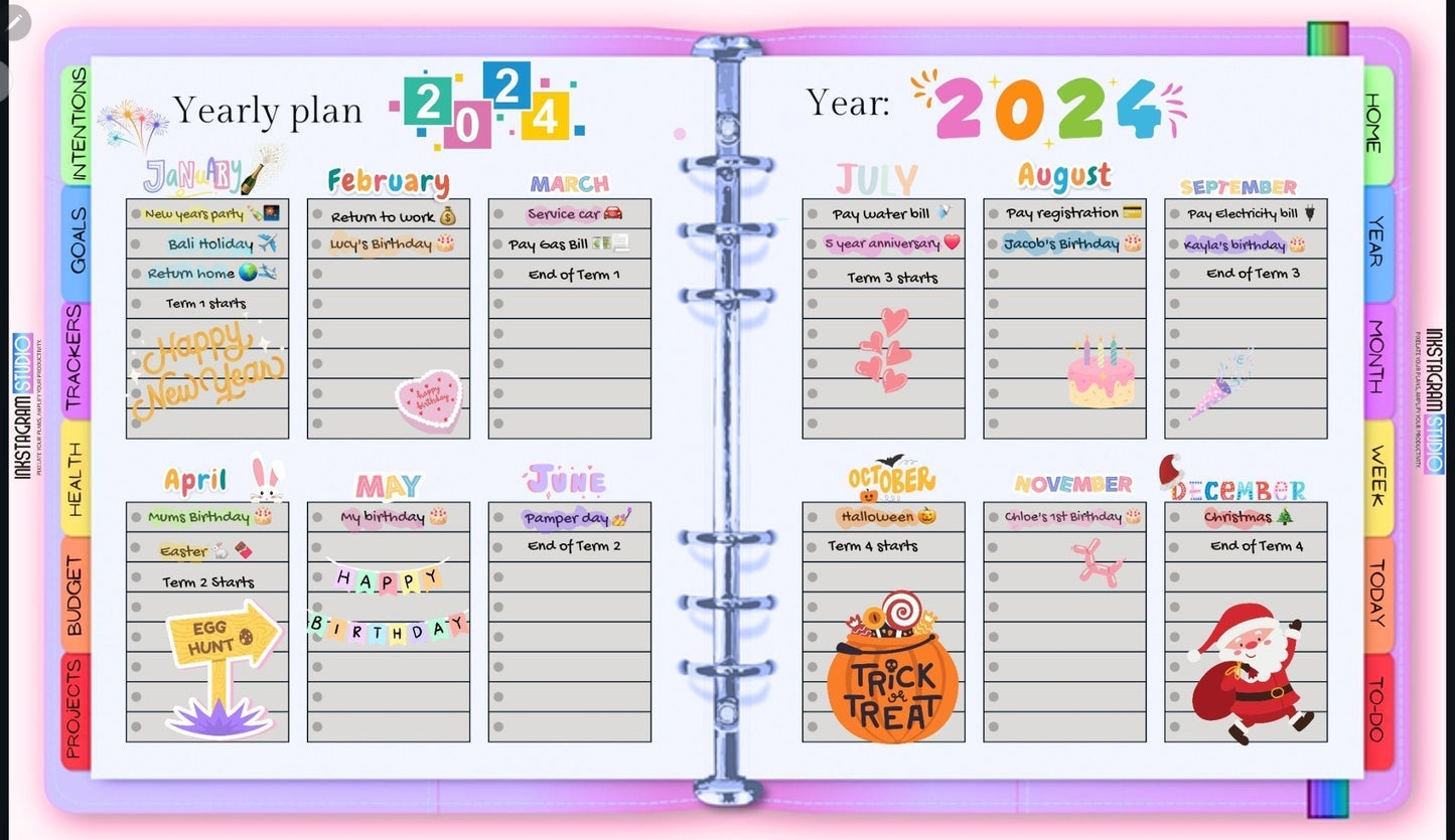 FREE Ultimate Essentials Digital Planner – Your All - in - One FREE Organizer for 2025! all in one PlannerInkstagram studioFREE Ultimate Essentials Digital Planner – Your All - in - One FREE Organizer for 2025!The Ultimate Essentials Digital Planner open to a colorful 2024 yearly plan with monthly tabs and reminders.all in one Planner