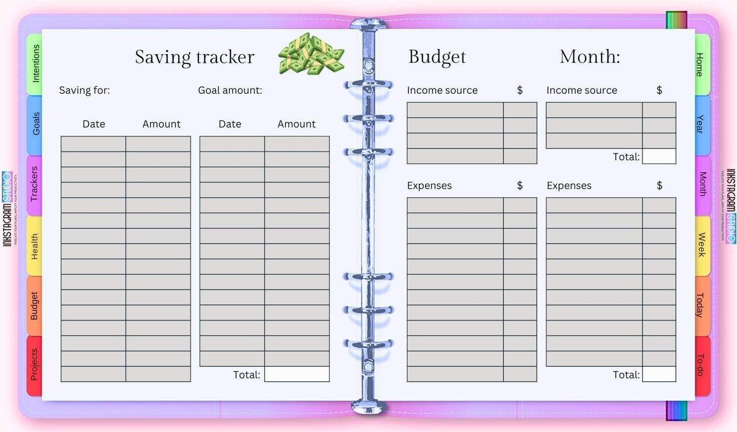 FREE Ultimate Essentials Digital Planner – Your All - in - One FREE Organizer for 2025! all in one PlannerInkstagram studioFREE Ultimate Essentials Digital Planner – Your All - in - One FREE Organizer for 2025!The Ultimate Essentials Digital Planner open to saving tracker and budget pages.all in one Planner