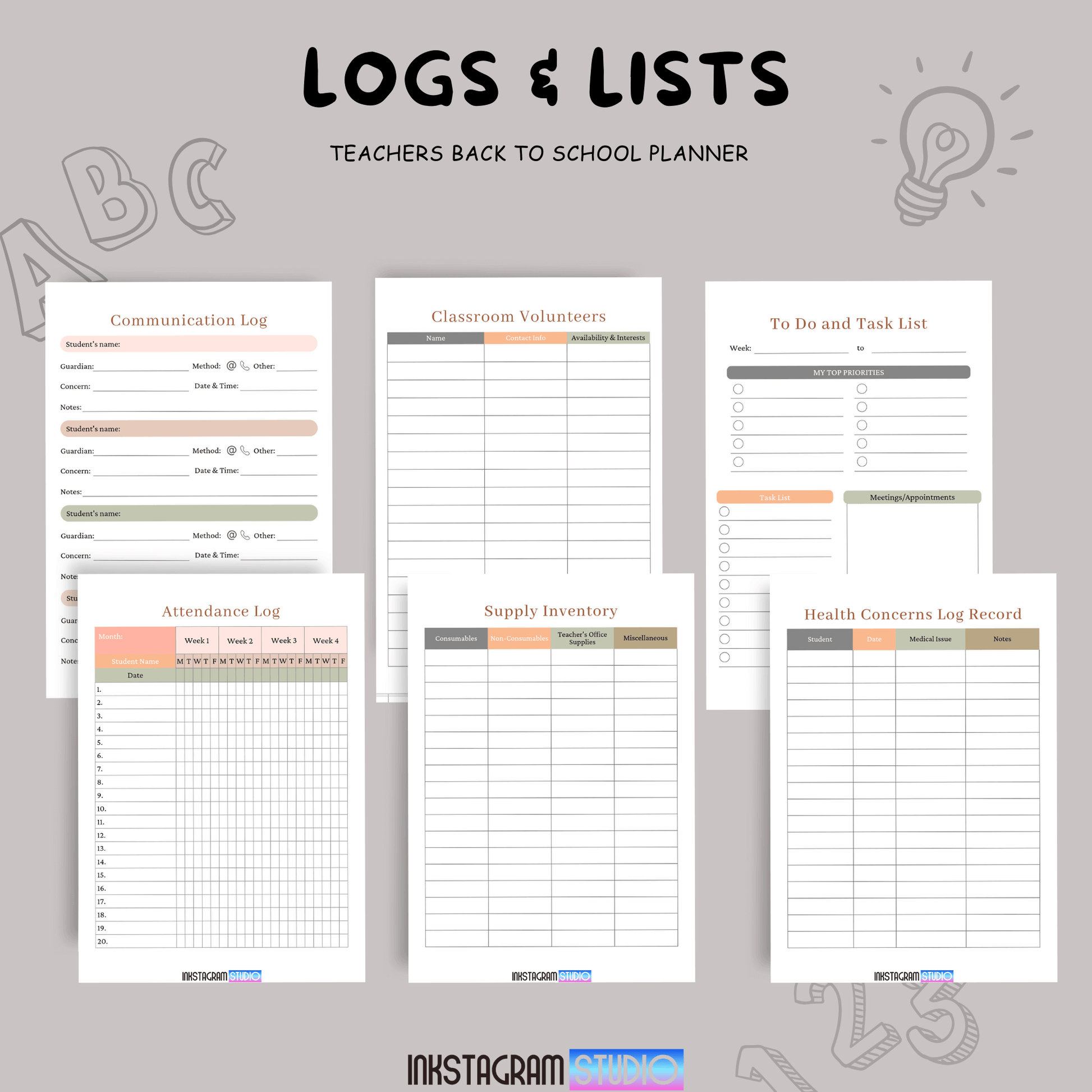 Teachers Back to School Planner: Simplify Classroom Management Educational plannerInkstagram studioTeachers Back to School Planner: Simplify Classroom ManagementTeachers Back to School Planner featuring logs and lists for classroom management and organization.Educational planner