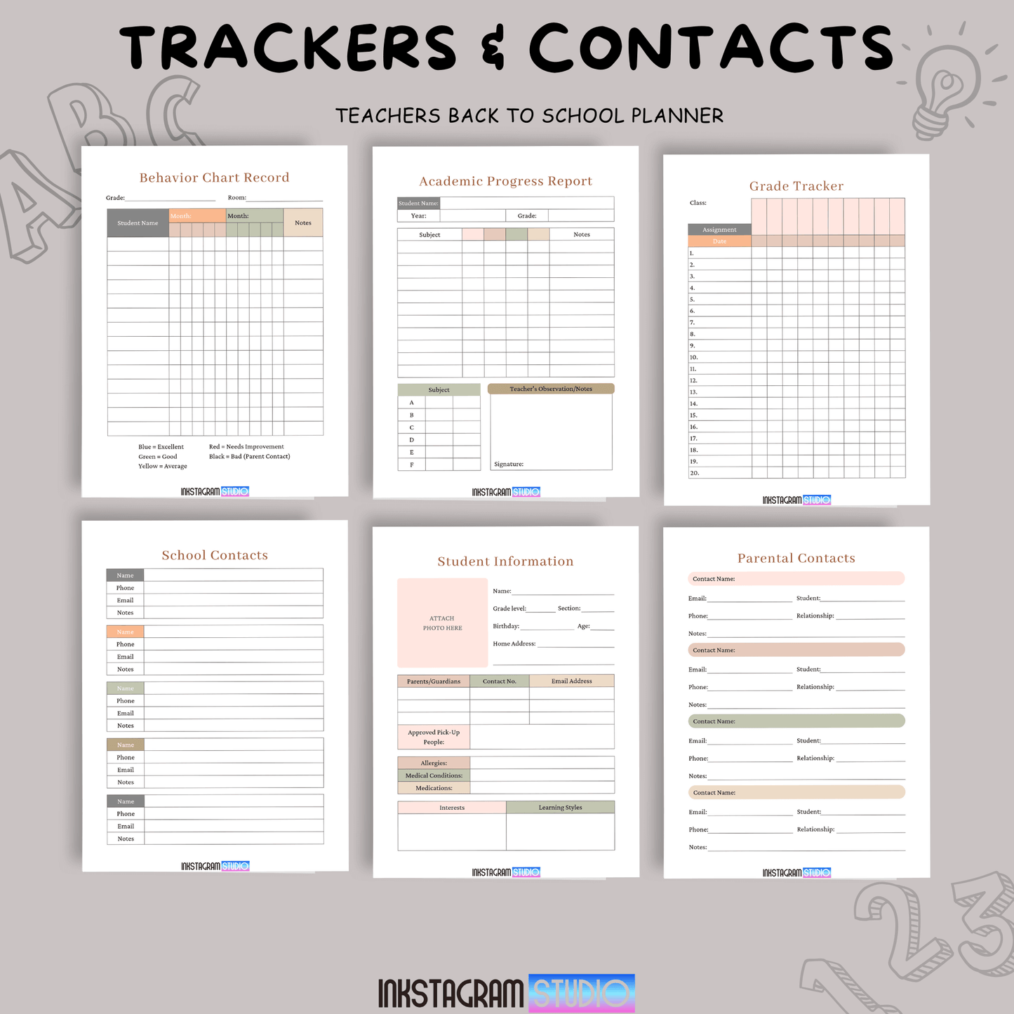 Teachers Back to School Planner: Simplify Classroom Management Educational plannerInkstagram studioTeachers Back to School Planner: Simplify Classroom ManagementTeachers back to school planner pages showcasing trackers for behavior, grades, student info, and parental contacts.Educational planner