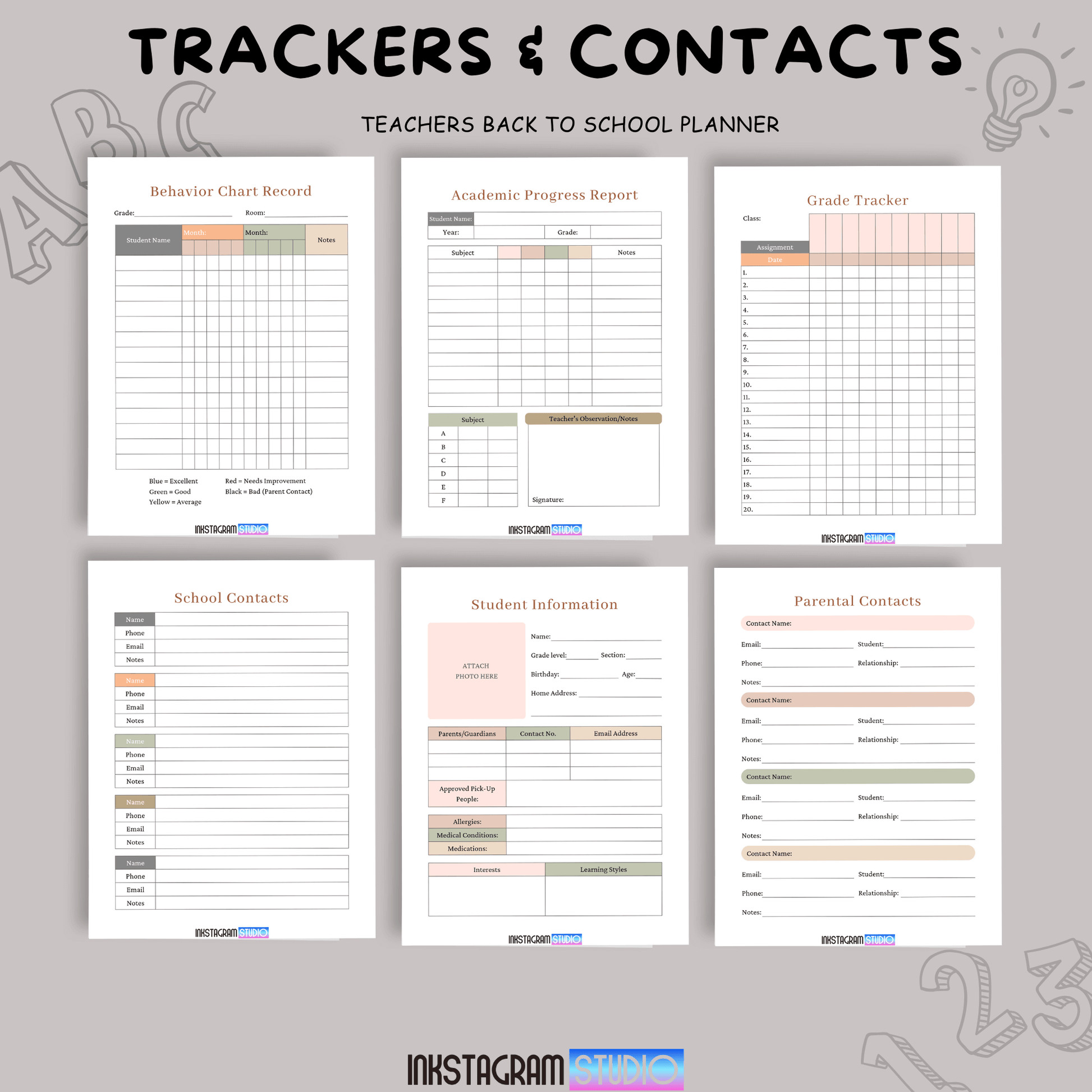 Teachers Back to School Planner: Simplify Classroom Management Educational plannerInkstagram studioTeachers Back to School Planner: Simplify Classroom ManagementTeachers back to school planner pages showcasing trackers for behavior, grades, student info, and parental contacts.Educational planner