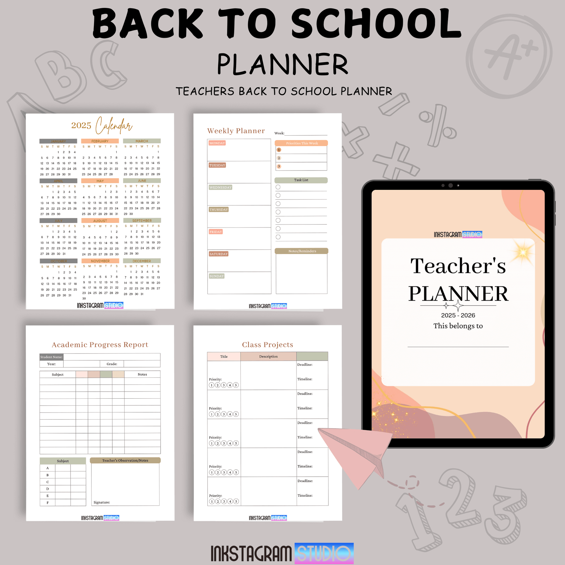 Teachers Back to School Planner: Simplify Classroom Management Educational plannerInkstagram studioTeachers Back to School Planner: Simplify Classroom ManagementTeachers Back to School Planner featuring calendars, weekly planner, and grade tracking pages for classroom management.Educational planner