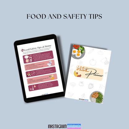 Ultimate Meal Planner: Your All - in - One Guide to Easy Meal Prep & Organization ™ Meal PlannerInkstagram studioUltimate Meal Planner: Your All - in - One Guide to Easy Meal Prep & Organization ™Ultimate Meal Planner next to food safety tips tablet display on a light background.Meal Planner